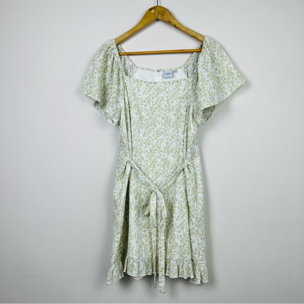 Ghanda Field Mini Dress Green White Floral Back Waist Tie Frill Hem Boho Size M - Picture 7 of 14